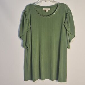 Michael Michael Kors 2X Green Studded Neck Flutter Sleeve Pullover Top